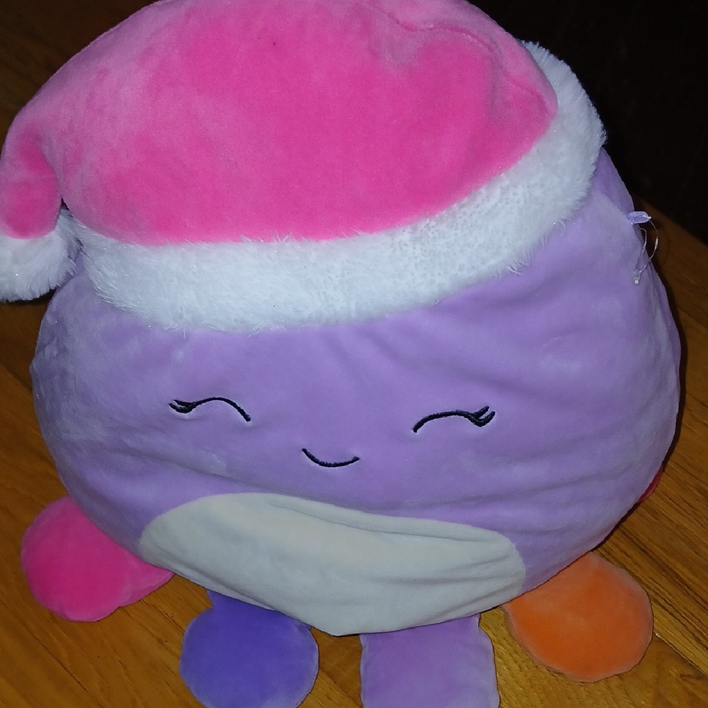 Plush Octopus Squishmallows with Santa Hat - Pink and Purple